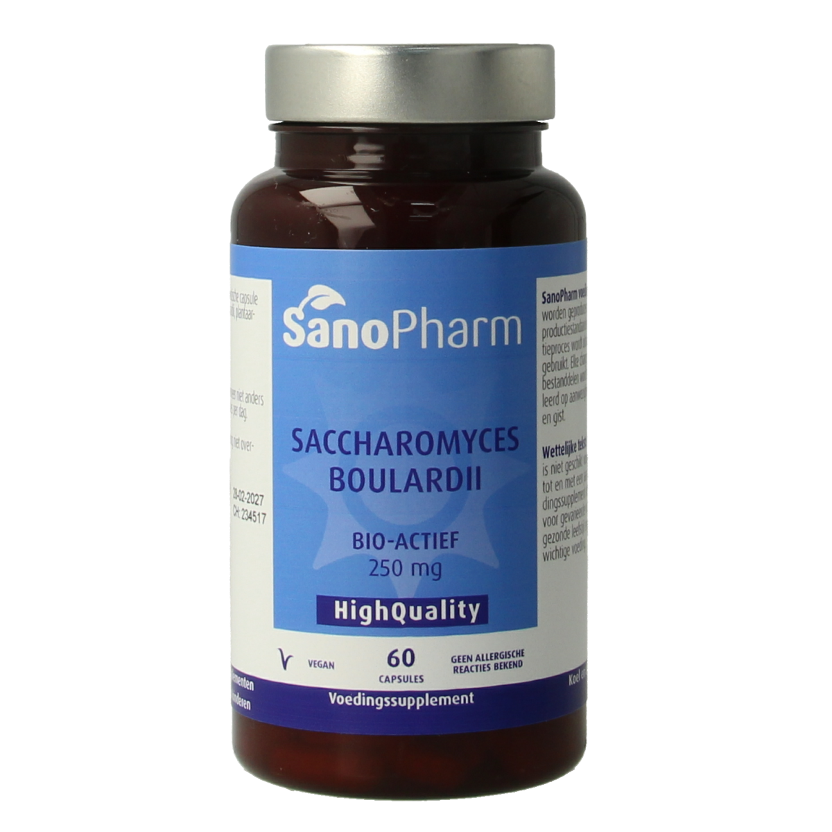 SanoPharm Saccharomyces boulardii probiotic capsules, micro-organismen dietary supplement in a white bottle with 60 capsules.