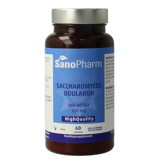 SanoPharm Saccharomyces boulardii probiotic capsules, micro-organismen dietary supplement in a white bottle with 60 capsules.