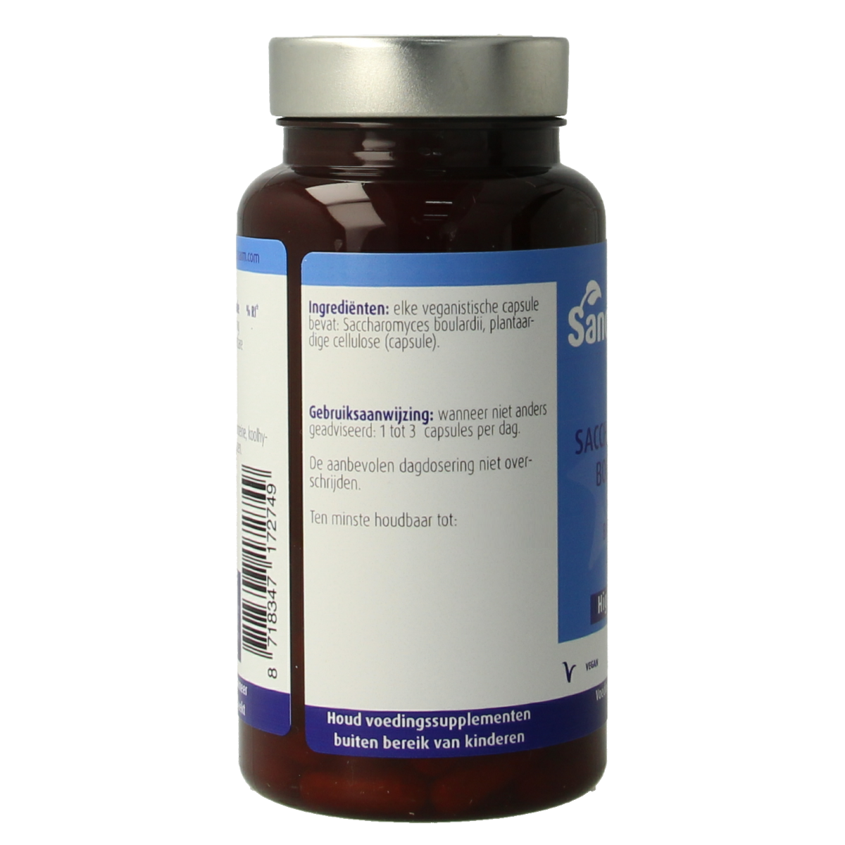 SanoPharm Saccharomyces boulardii probiotic capsules, micro-organisms supplement in a blister pack with 60 capsules.