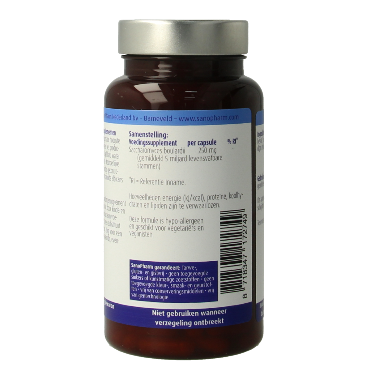 SanoPharm Saccharomyces boulardii probiotic capsules, micro-organisms supplement, 60-count bottle.