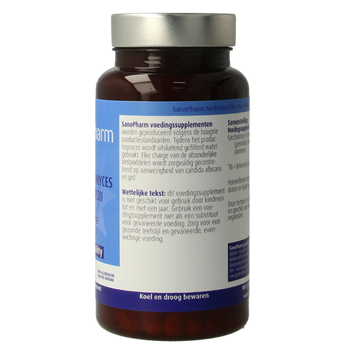 SanoPharm Saccharomyces boulardii probiotic capsules, dietary supplement for gut health, with 60 capsules.