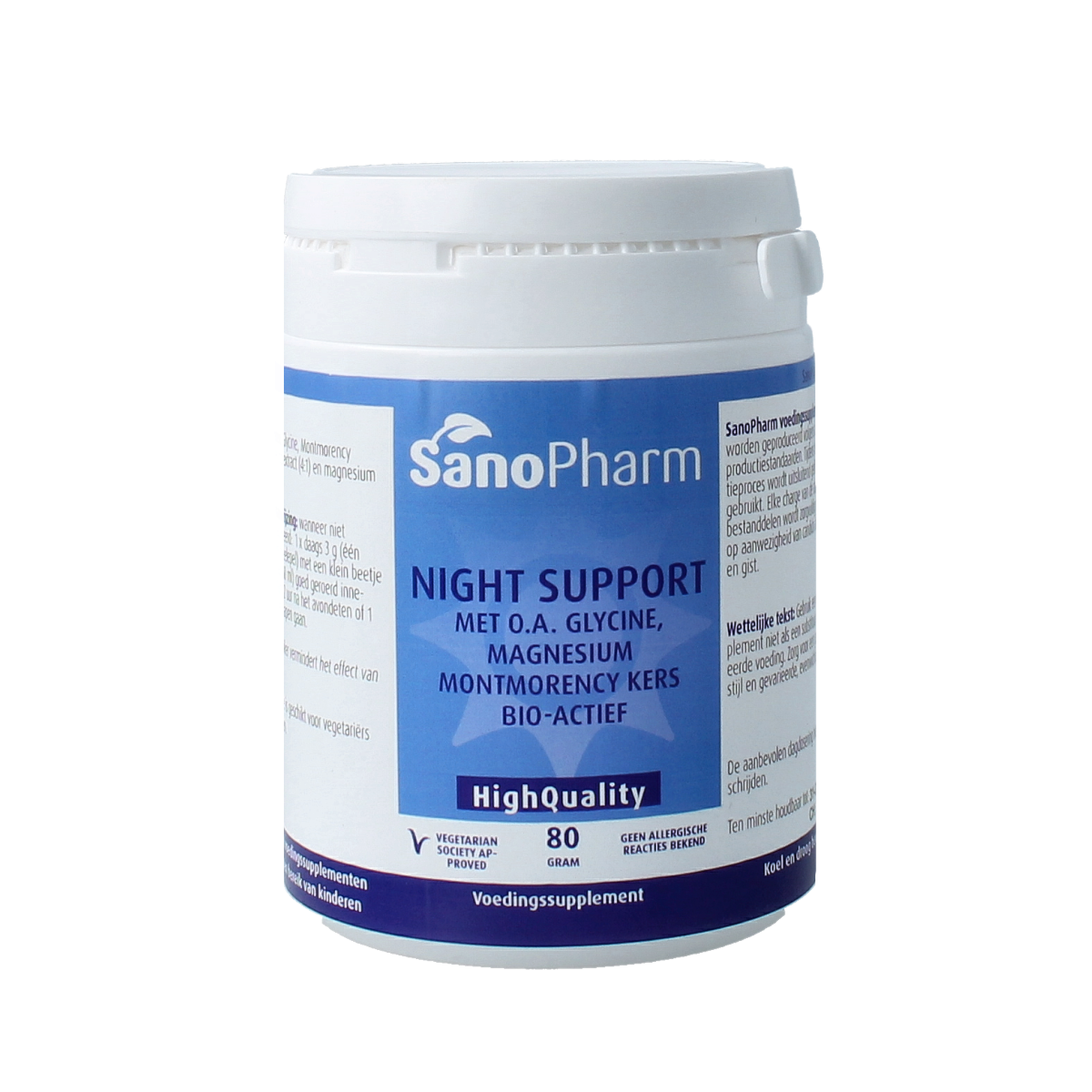 SanoPharm Night Support herbal supplement in 80g package, featuring dried herbal ingredients in a clear container.
