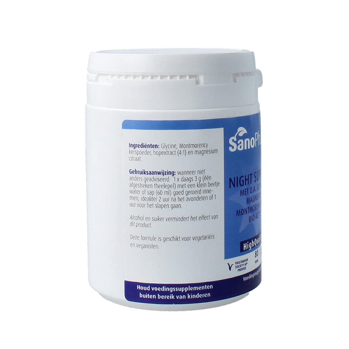 SanoPharm Night Support kruidenpreparaten in 80g package, featuring herbal blend for nighttime wellness.