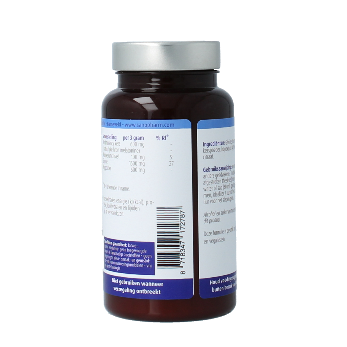 SanoPharm Night Support herbal supplement container showing 80g Kruidenpreparaten packaging with herbal illustrations.
