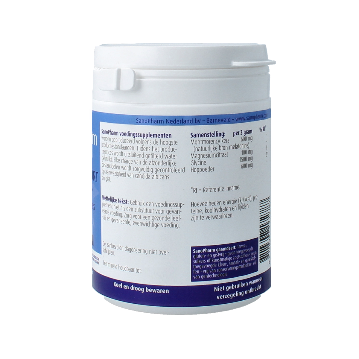 SanoPharm Night Support herbal supplement container showing the 80g package of kruidenpreparaten with product label.