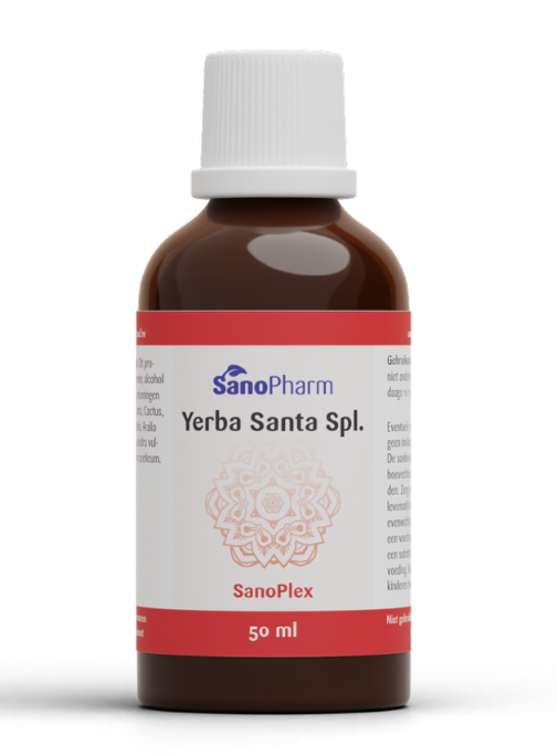SanoPharm Yerba Santa Sanoplex herbal preparation bottle, 50ml, with label showing product details and branding.