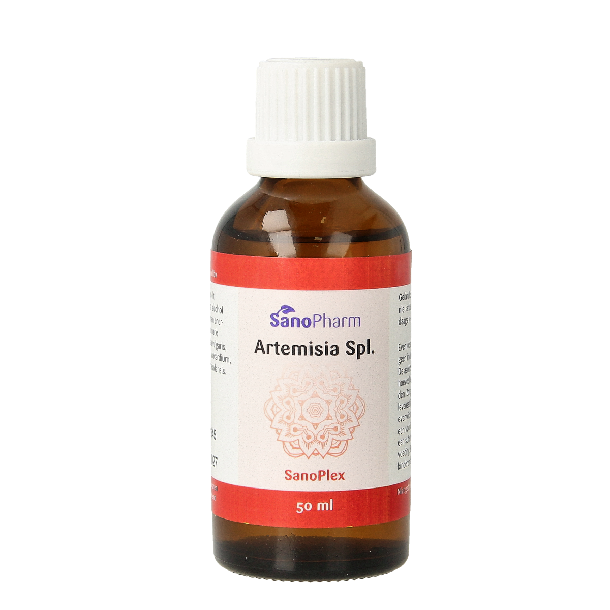 Bottle of SanoPharm Artemisia Sanoplex herbal supplement, 50ml, with herbal ingredients in a clear glass container.