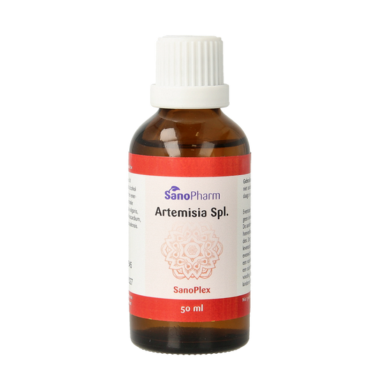 Bottle of SanoPharm Artemisia Sanoplex herbal supplement, 50ml, with herbal ingredients in a clear glass container.