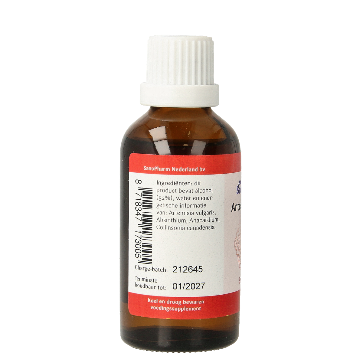 SanoPharm Artemisia Sanoplex herbal preparation in 50ml bottle, featuring fresh green Artemisia leaves and herbal label.