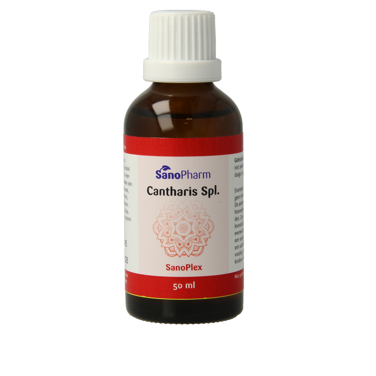 SanoPharm Cantharis Sanoplex herbal supplement bottle, 50ml, in a natural herbal remedy packaging design