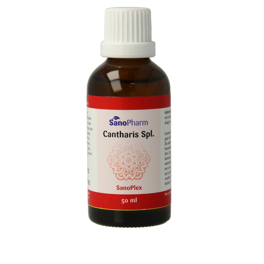 SanoPharm Cantharis Sanoplex herbal supplement bottle, 50ml, in a natural herbal remedy packaging design
