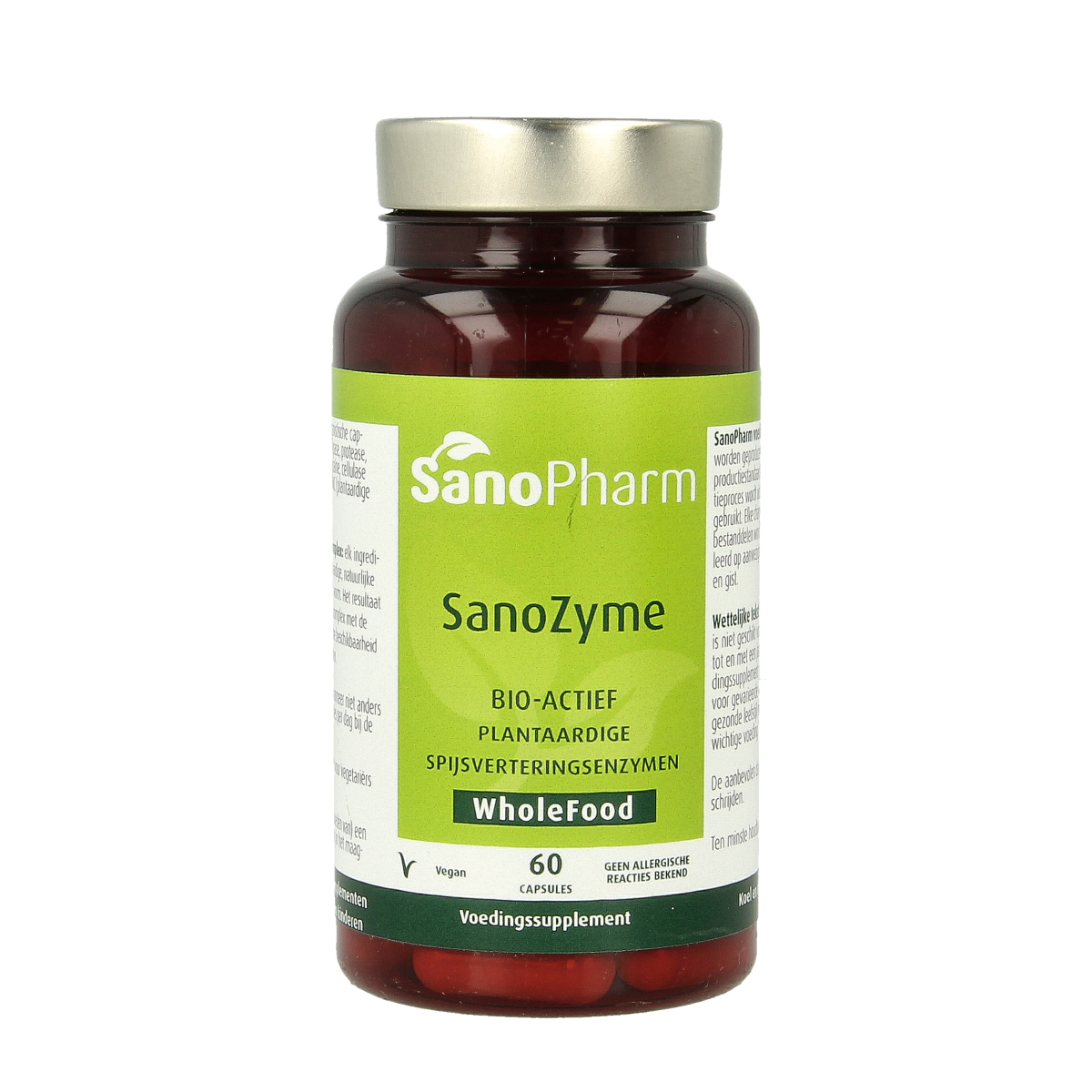 SanoPharm Sanozyme capsules containing veils and enzymes, displayed in a clear container on a white background.