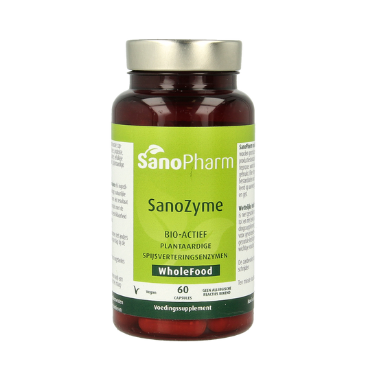SanoPharm Sanozyme capsules containing veils and enzymes, displayed in a clear container on a white background.