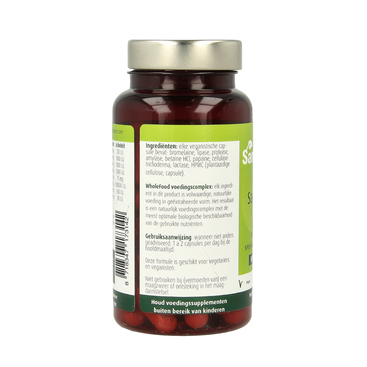 SanoPharm Sanozyme capsules, dietary fiber and enzyme supplement, shown in a close-up image of the bottle and capsules.