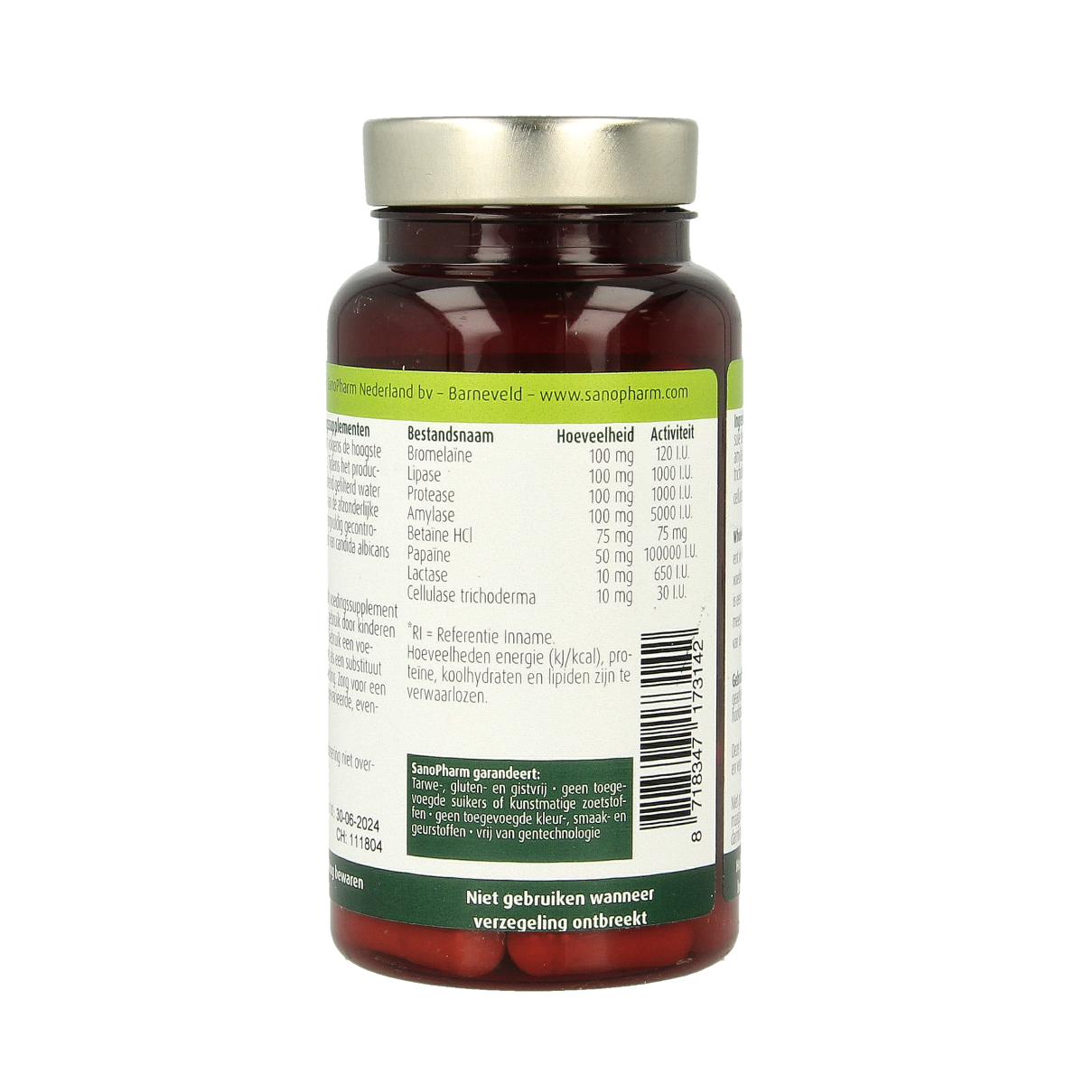 SanoPharm Sanozyme capsules, dietary fibers and enzymes supplement in a clear container, showing the product label.