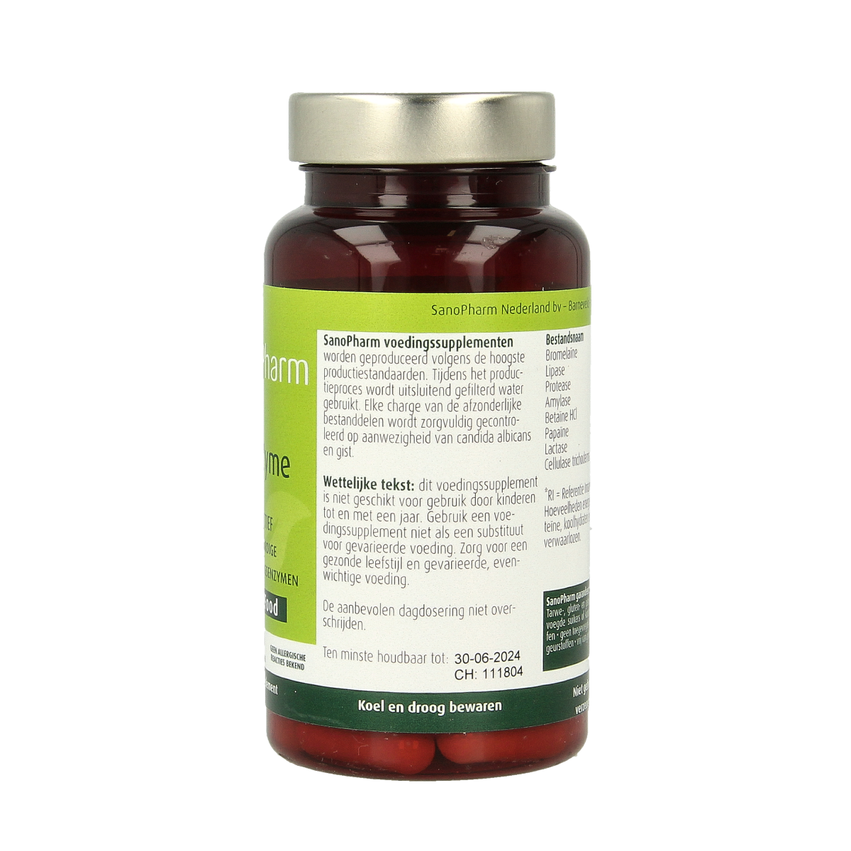 SanoPharm Sanozyme capsules with digestive enzymes and fibers, in a white bottle with label showing product details.