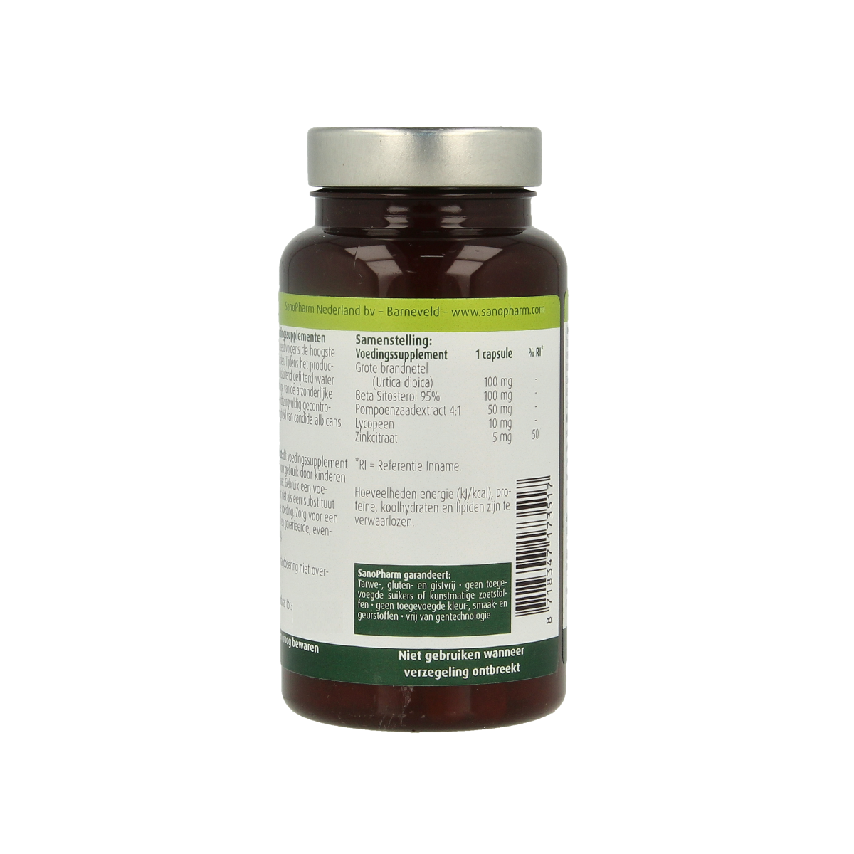 SanoPharm Prostaat Support herbal supplement in a bottle of 60 capsules, designed for prostate health and wellness.