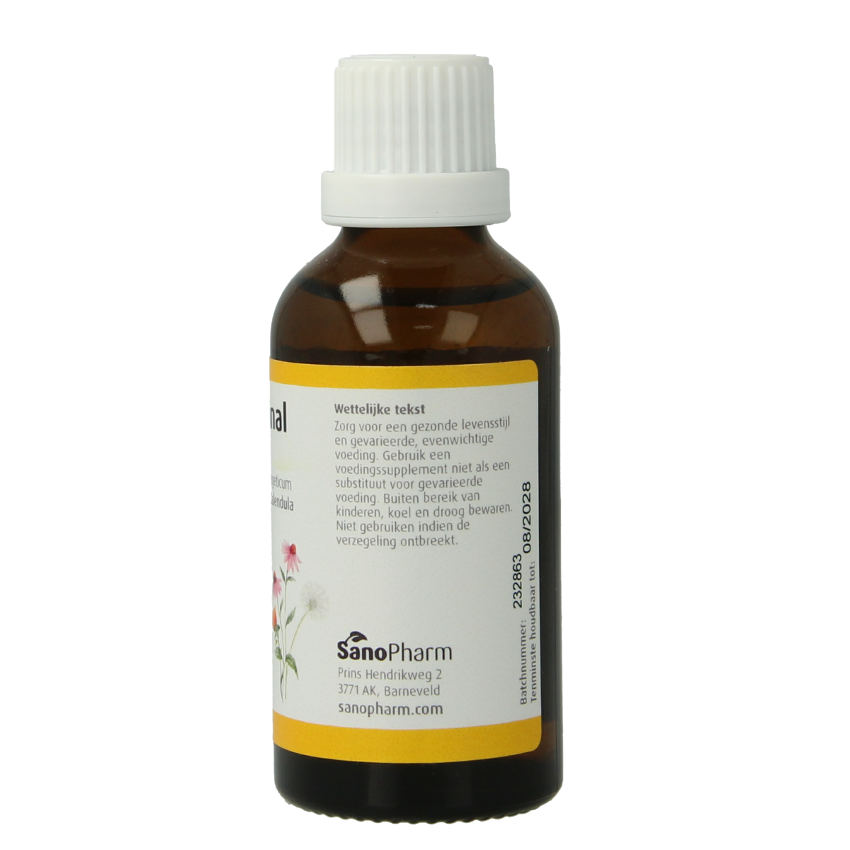 SanoPharm SanoDrainal 50ml herbal supplement bottle with label, natural health product from SanoPharm.
