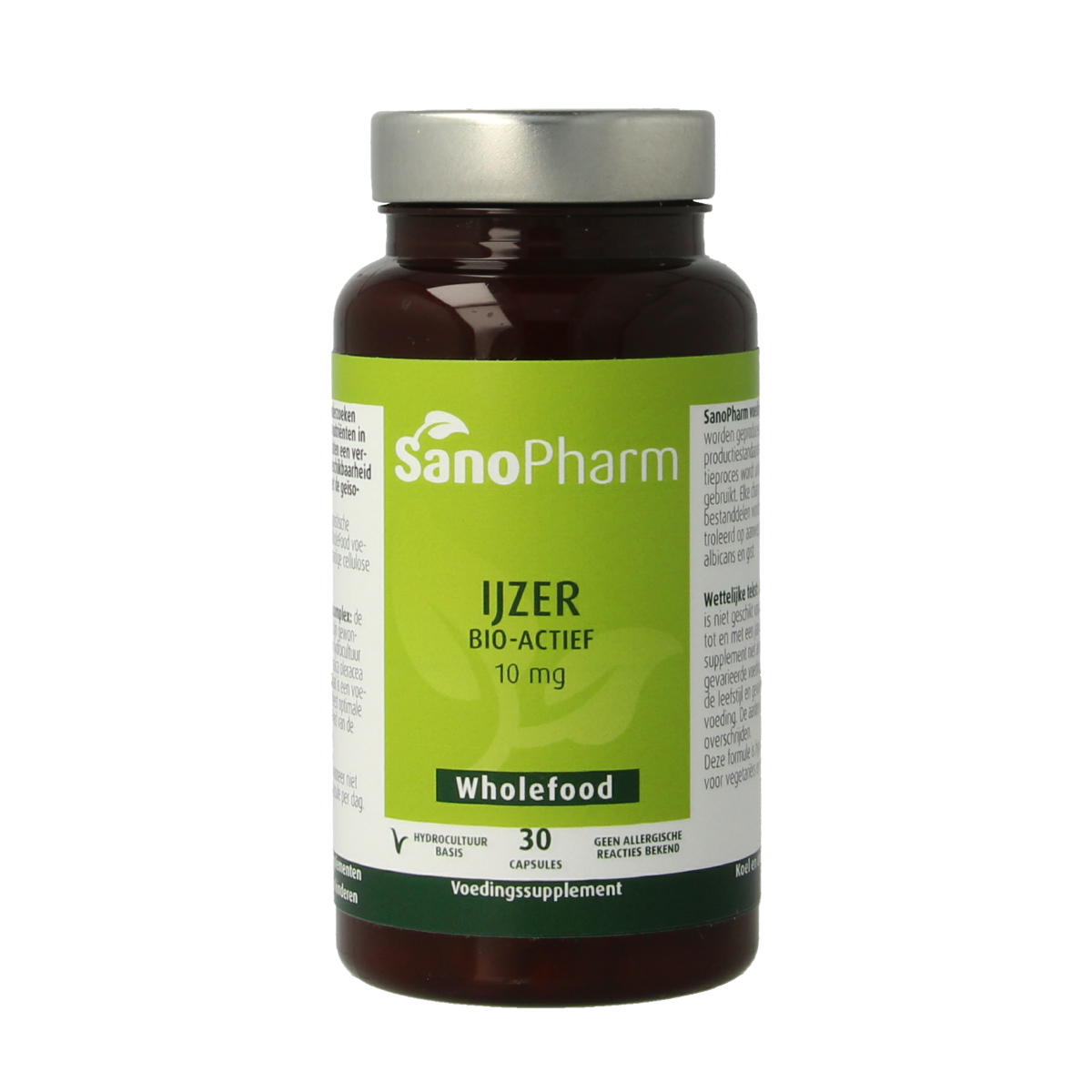 SanoPharm IJzer 10mg wholefood capsules showing a bottle of mineral supplement capsules with label and cap.