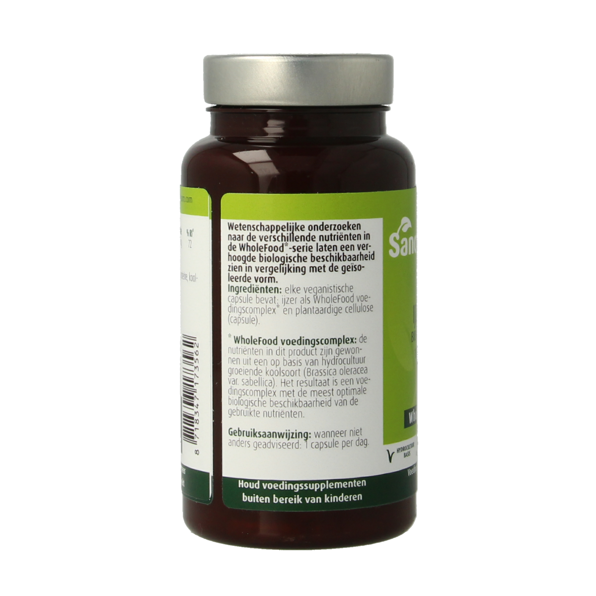 SanoPharm IJzer 10mg wholefood mineral capsules, 30 count, showing the supplement bottle and capsules inside.