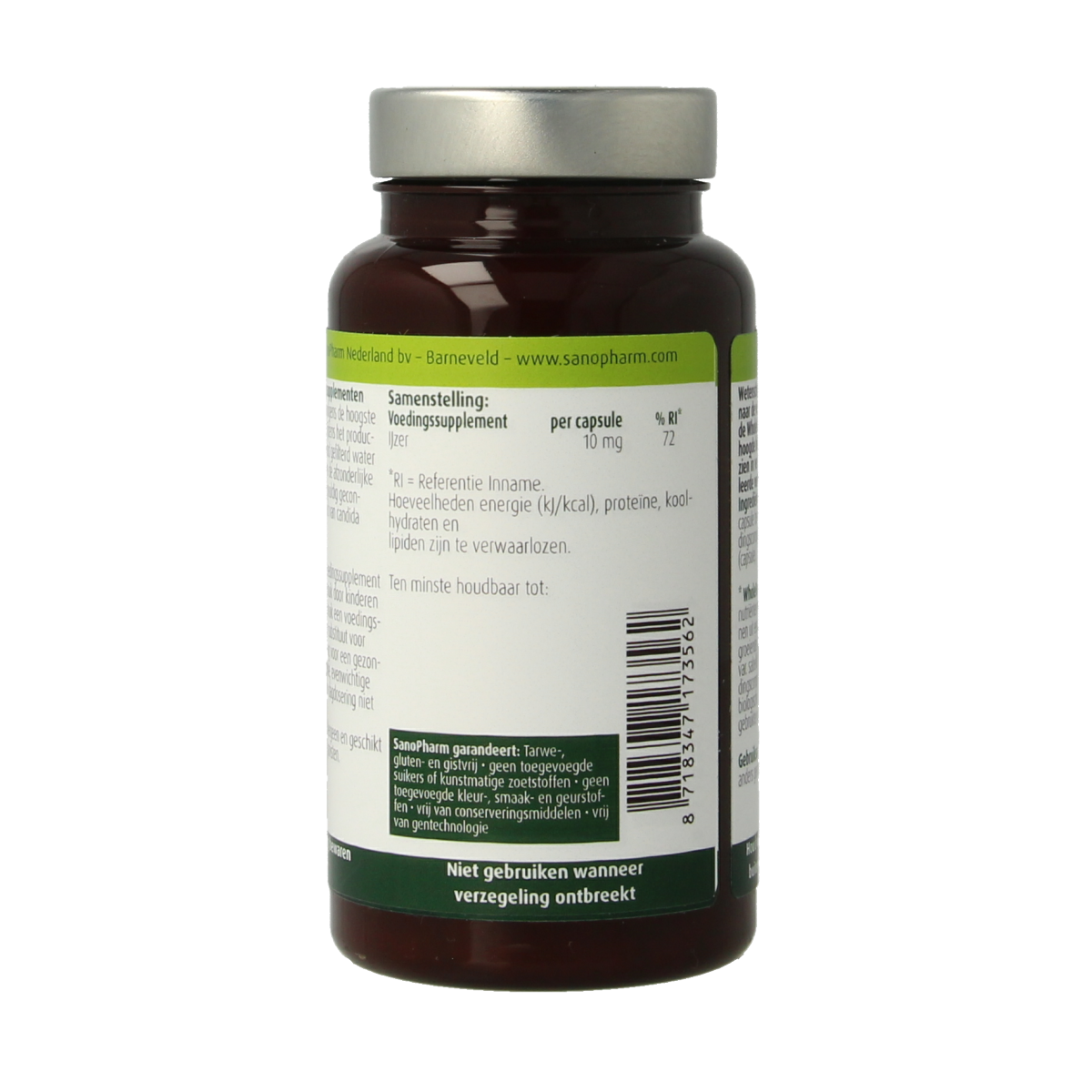 SanoPharm IJzer 10mg wholefood mineral capsules, 30-count, with close-up of the supplement bottle and capsules.
