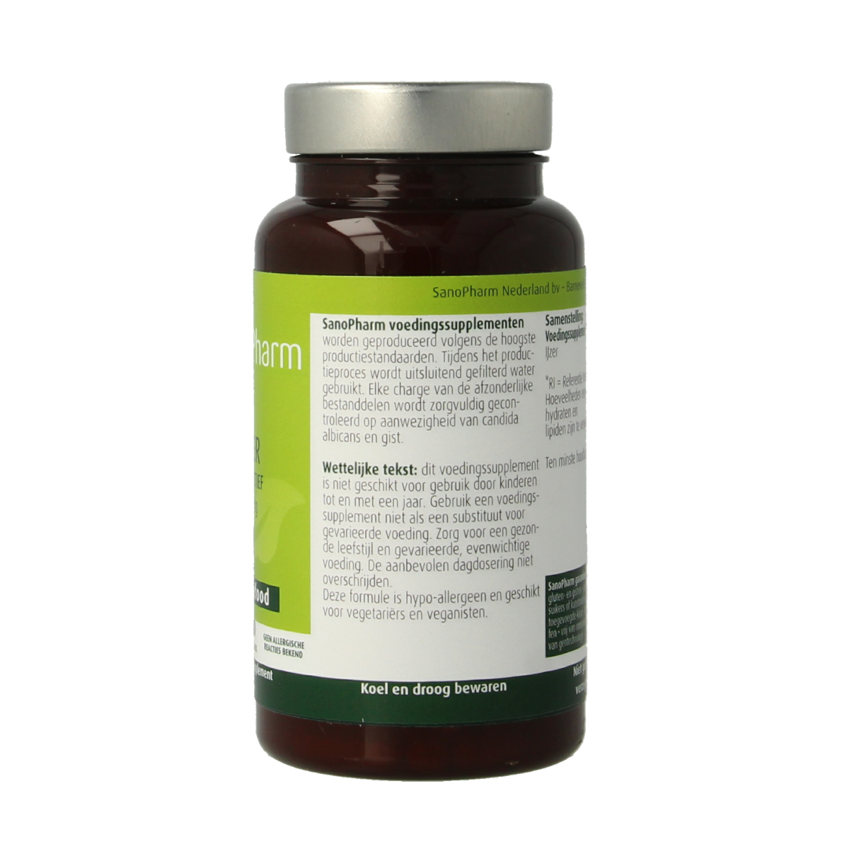 SanoPharm IJzer 10mg wholefood mineral capsules, 30-count, showing the supplement bottle with capsules inside.