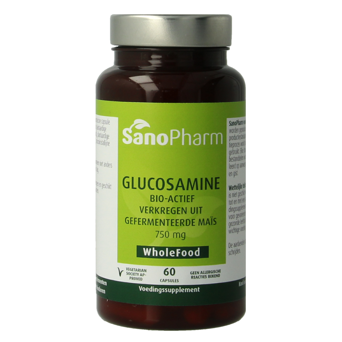 SanoPharm vegan Glucosamine 750mg capsules, mineral supplement, 60 capsules, close-up of bottle with label visible