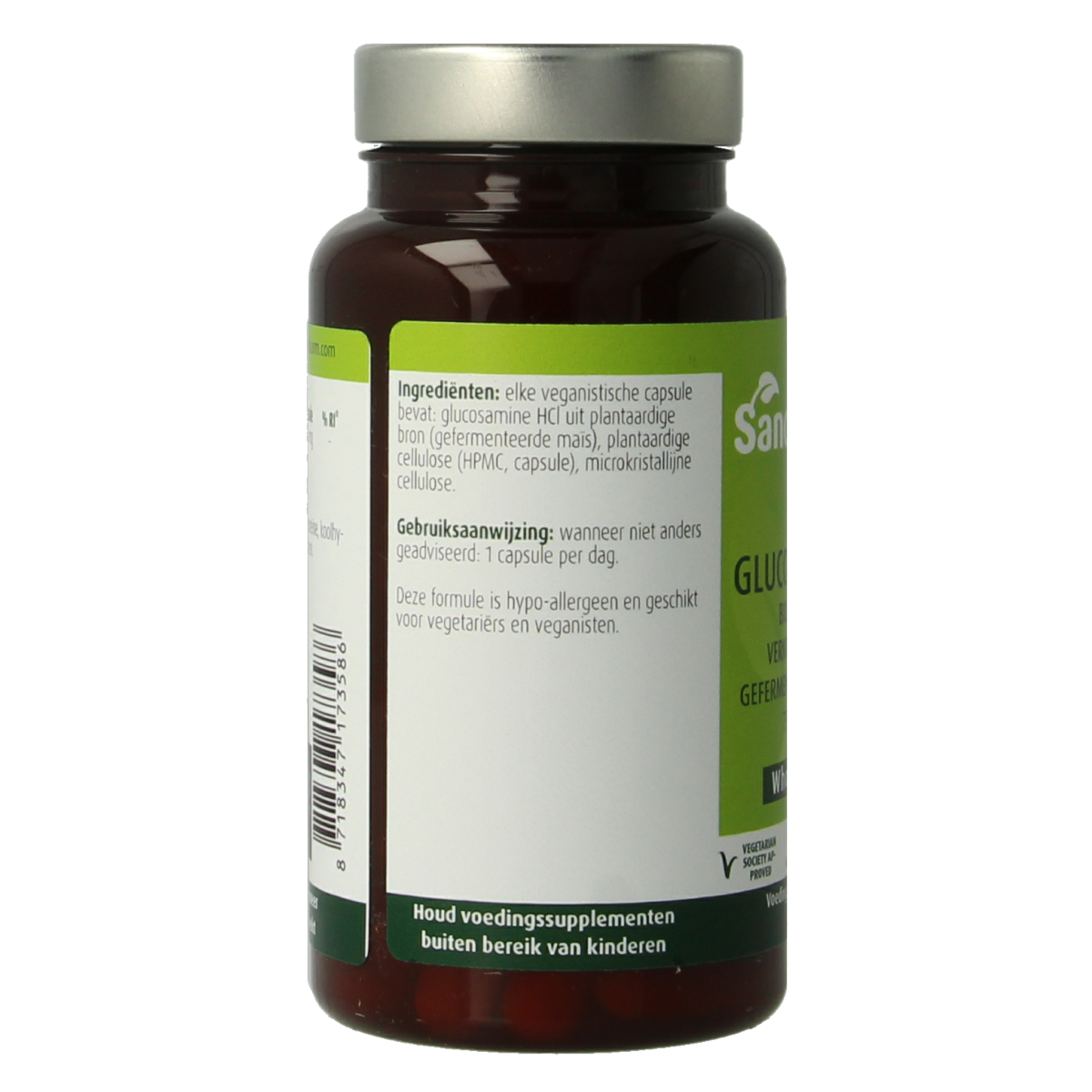 SanoPharm vegan Glucosamine 750mg capsules in a bottle, dietary supplement for joint health, 60 capsules.