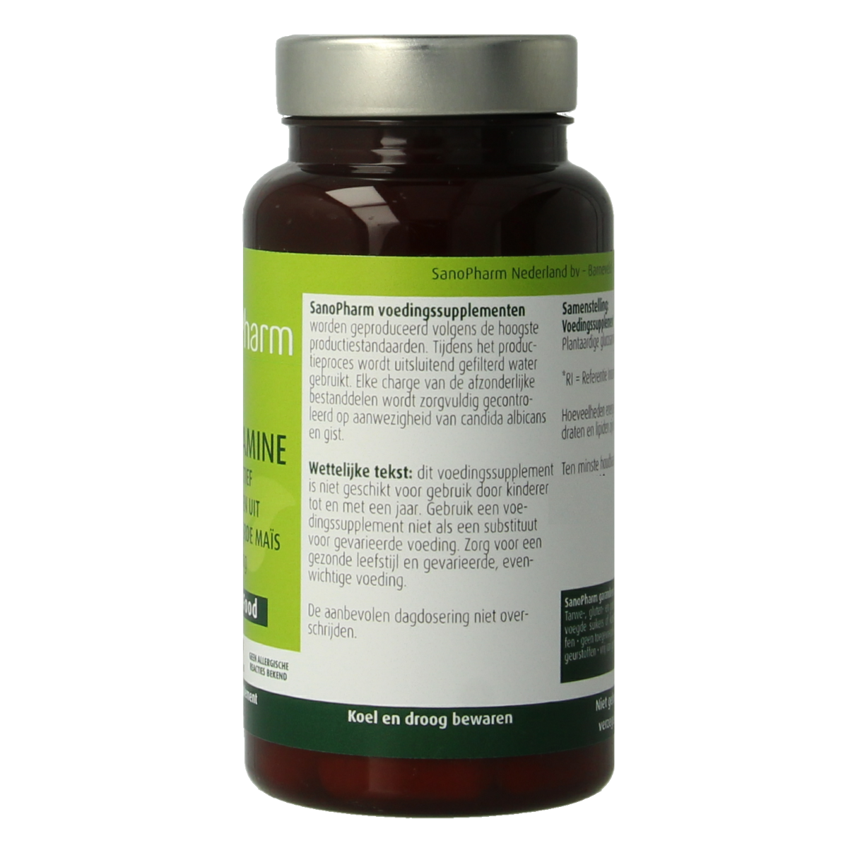 Vegan SanoPharm Glucosamine 750mg capsules for joint support, displayed in a bottle with 60 capsules on a white background.