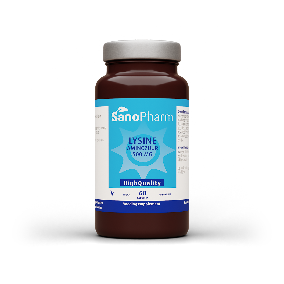 SanoPharm Lysine amino acid capsules in a bottle, high-quality dietary supplement, 60 capsules for immune support and overall health.