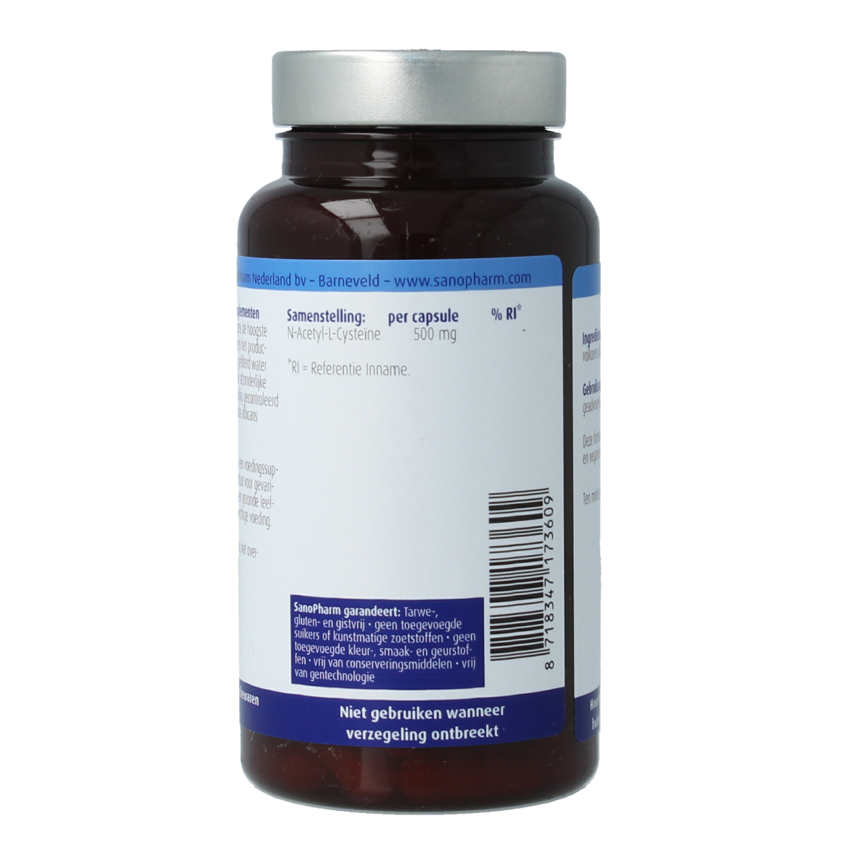 SanoPharm N-Acetyl L-Cysteine (NAC) amino acid supplement capsules, high quality, 60-count bottles on white background.