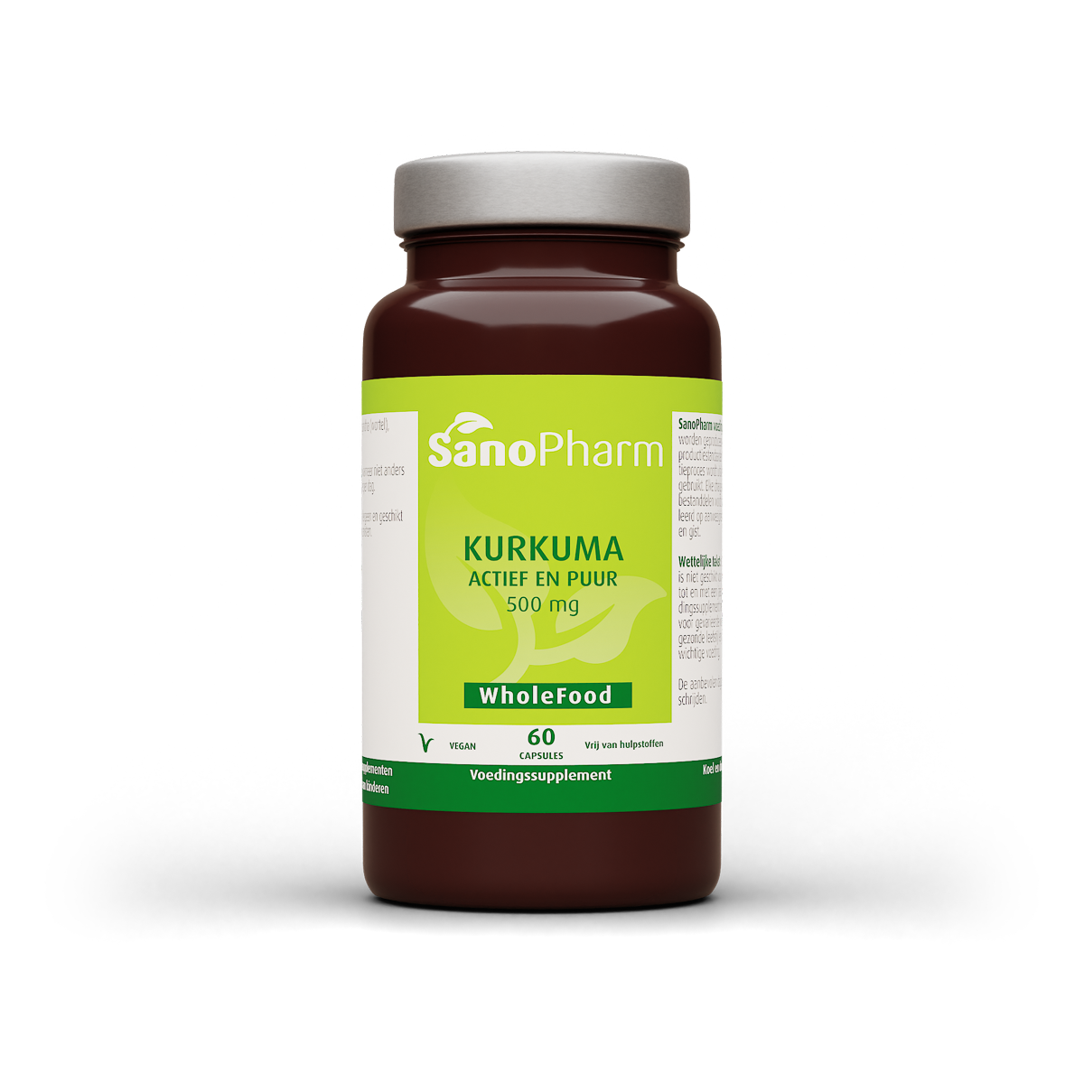 SanoPharm Kurkuma wholefood capsules in a bottle, herbal supplement from Kruidenpreparaten line, with turmeric root imagery.
