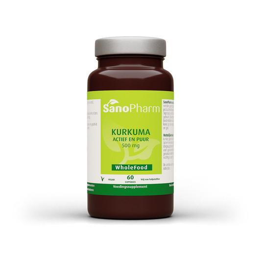 SanoPharm Kurkuma wholefood capsules in a bottle, herbal supplement from Kruidenpreparaten line, with turmeric root imagery.