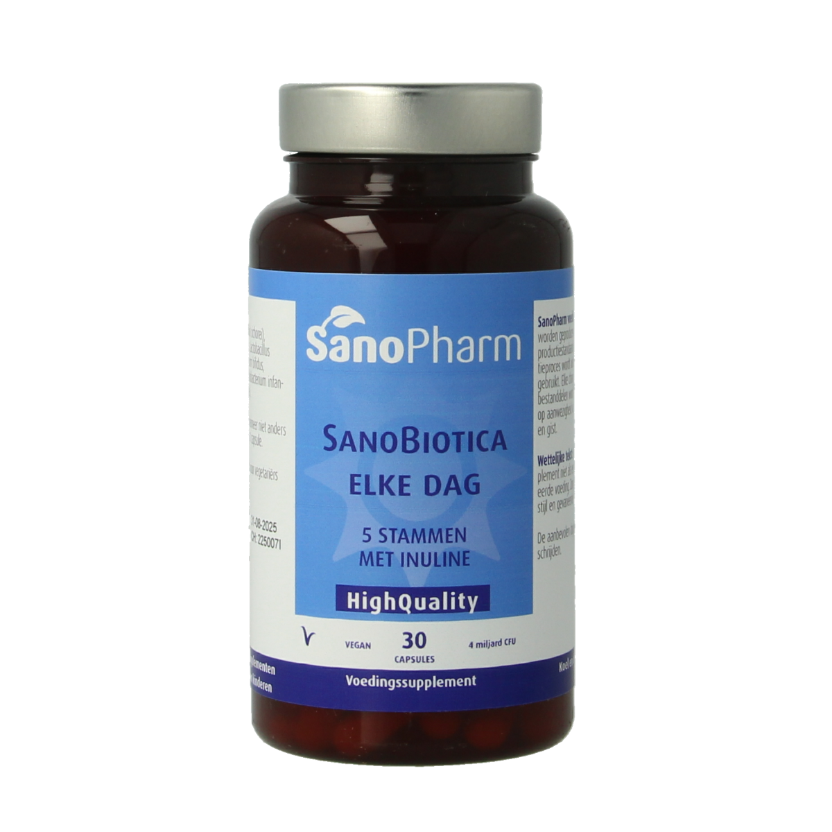 SanoPharm Sanobiotica capsules containing micro-organisms for daily probiotic support, displayed in a bottle with capsules inside.
