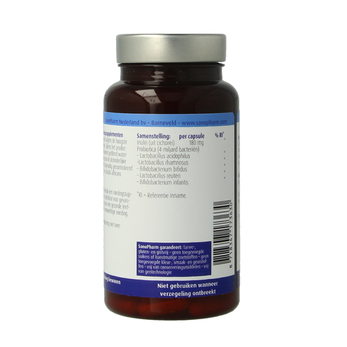SanoPharm Sanobiotica Elke Dag probiotic capsules, micro-organismen supplement, 30 capsules in a bottle.