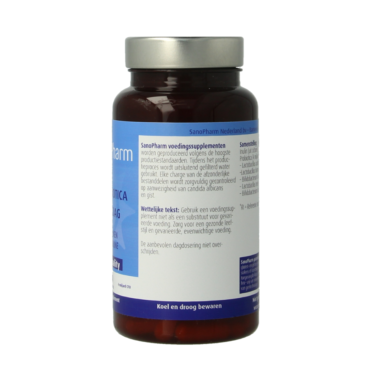 SanoPharm Sanobiotica Elke Dag probiotic capsules containing beneficial micro-organisms for digestive health.