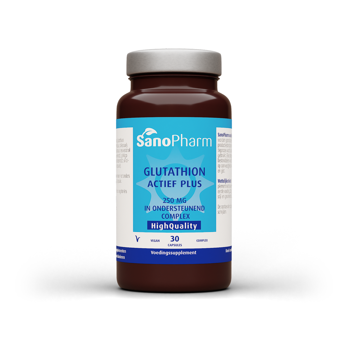 SanoPharm Glutathion Actief Plus amino acid capsules in a white bottle, showing 30 capsules for immune support and antioxidant health.