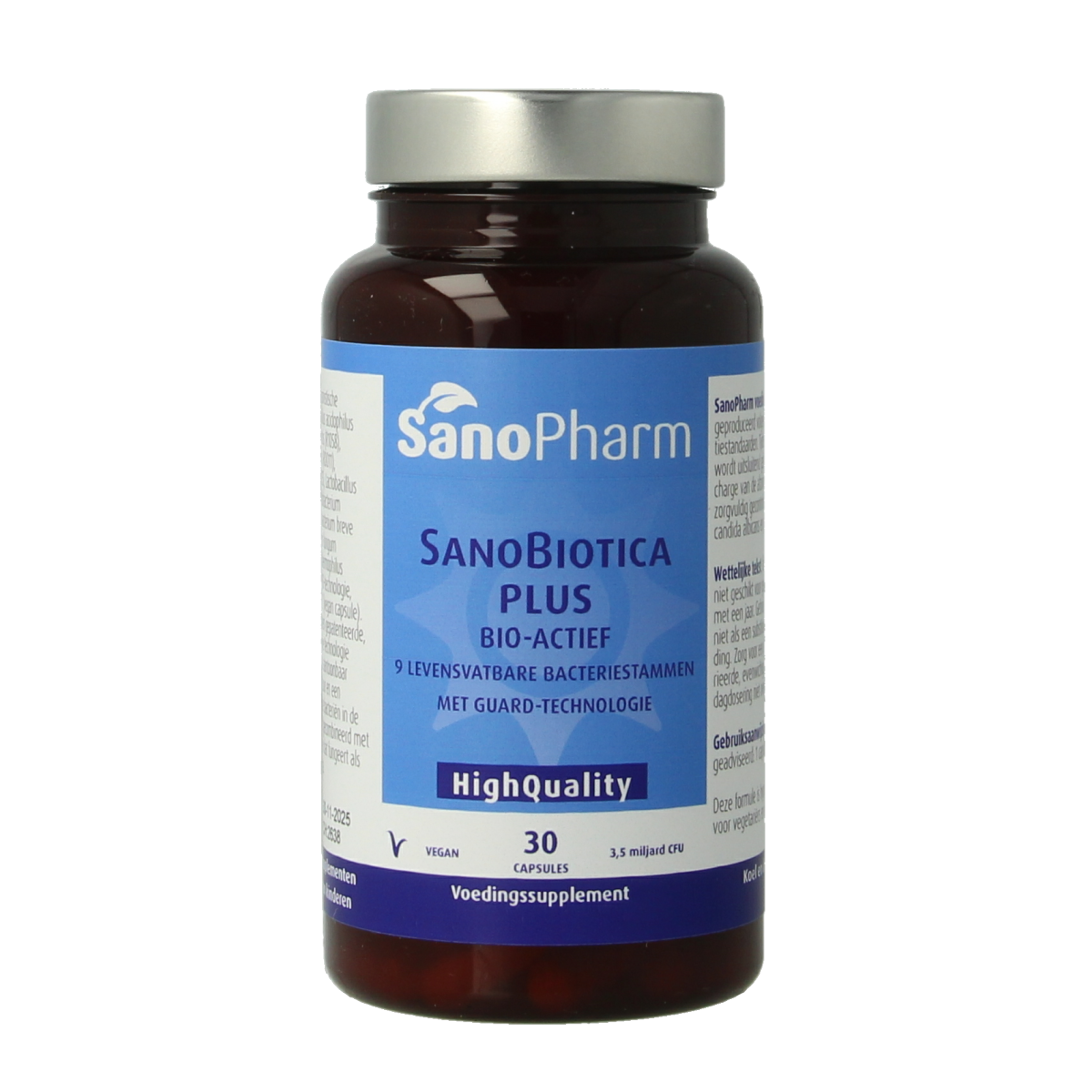 SanoPharm Sanobiotica plus probiotic capsules with micro-organisms in a bottle, dietary supplement for gut health.