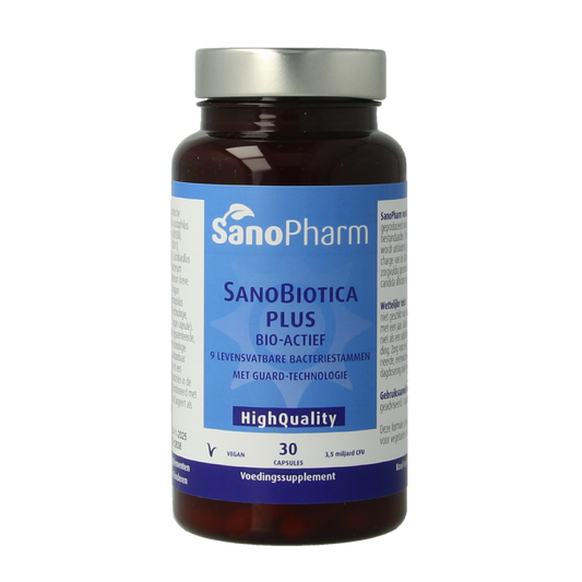 SanoPharm Sanobiotica plus probiotic capsules with micro-organisms in a bottle, dietary supplement for gut health.