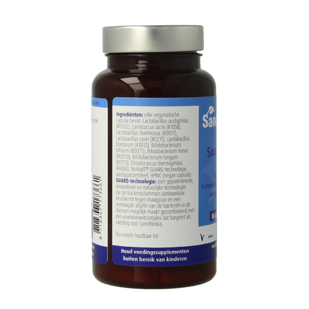 SanoPharm Sanobiotica plus capsules containing micro-organisms for gut health, shown in a close-up of the bottle and capsules.