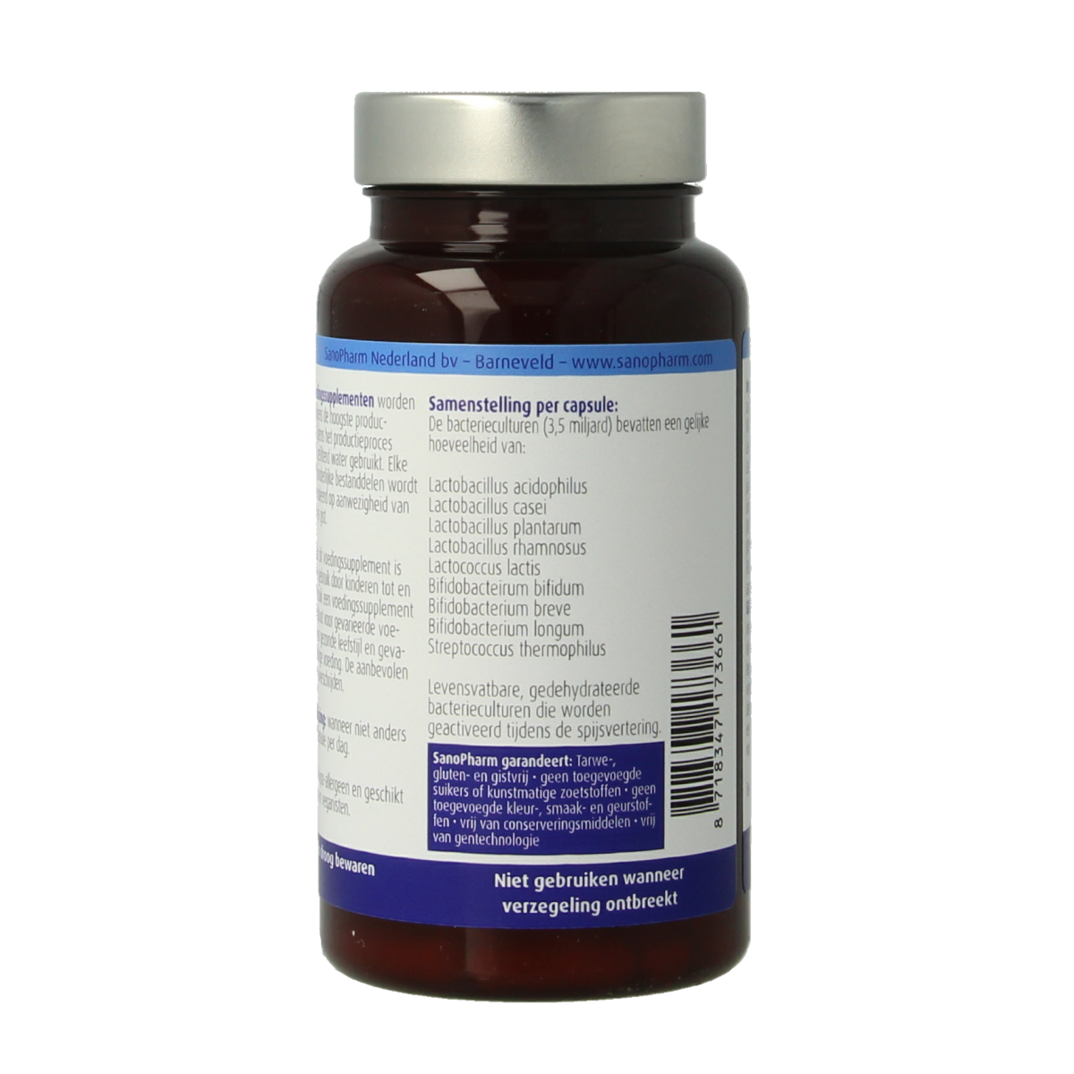 SanoPharm Sanobiotica plus capsules containing micro-organisms for gut health, shown in a blister pack.