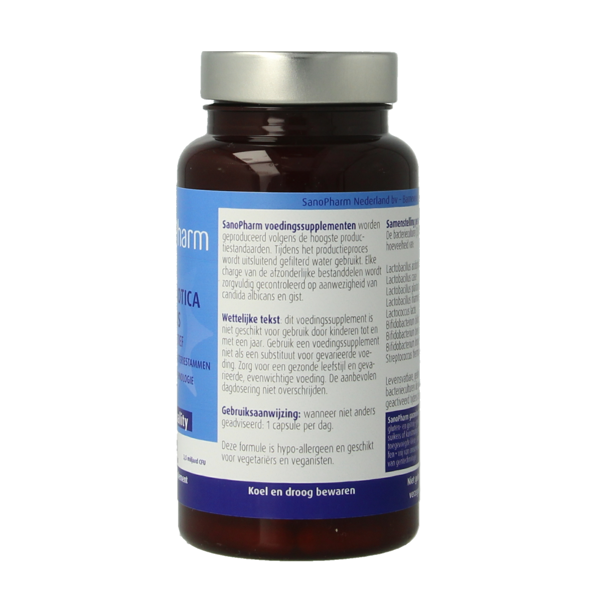 SanoPharm Sanobiotica plus probiotic capsules featuring micro-organisms, in a bottle with 30 capsules for digestive health.