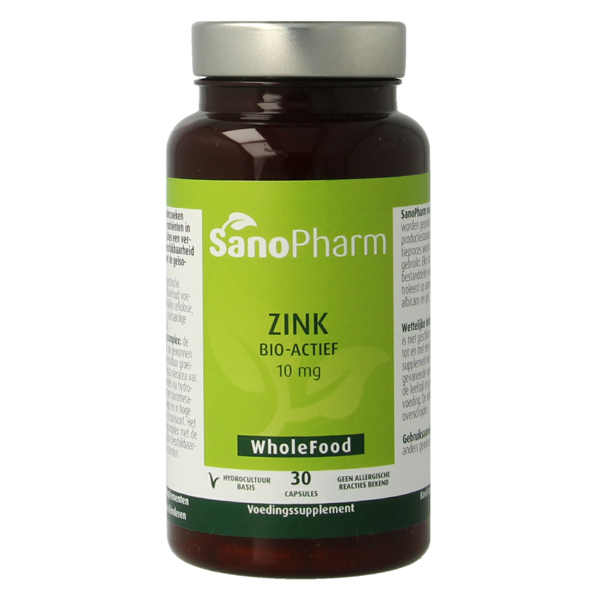 SanoPharm Zink wholefood capsules, mineral supplement, 30-count bottle, natural zinc supplement for health support.