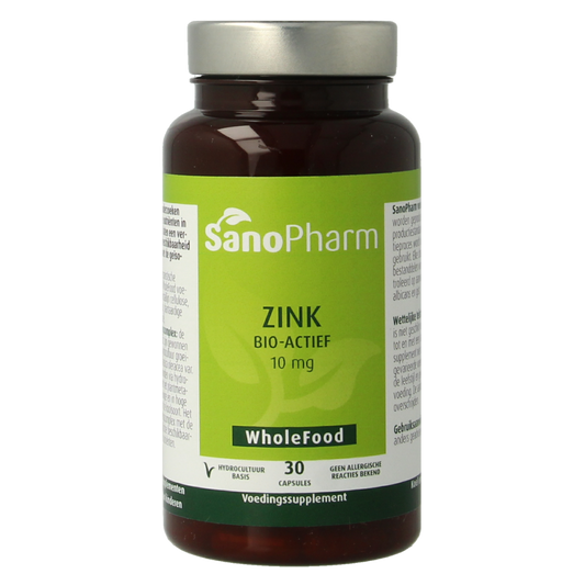 SanoPharm Zink wholefood capsules, mineral supplement, 30-count bottle, natural zinc supplement for health support.
