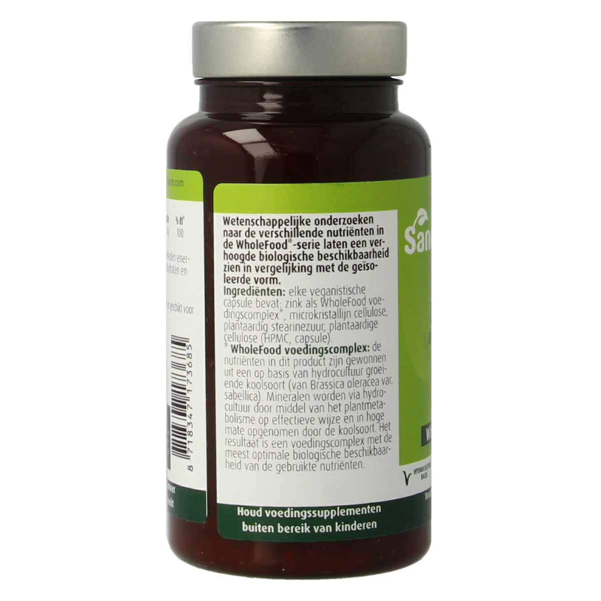 SanoPharm Zink wholefood mineral capsules in a bottle, showing 30 capsules for zinc supplementation.
