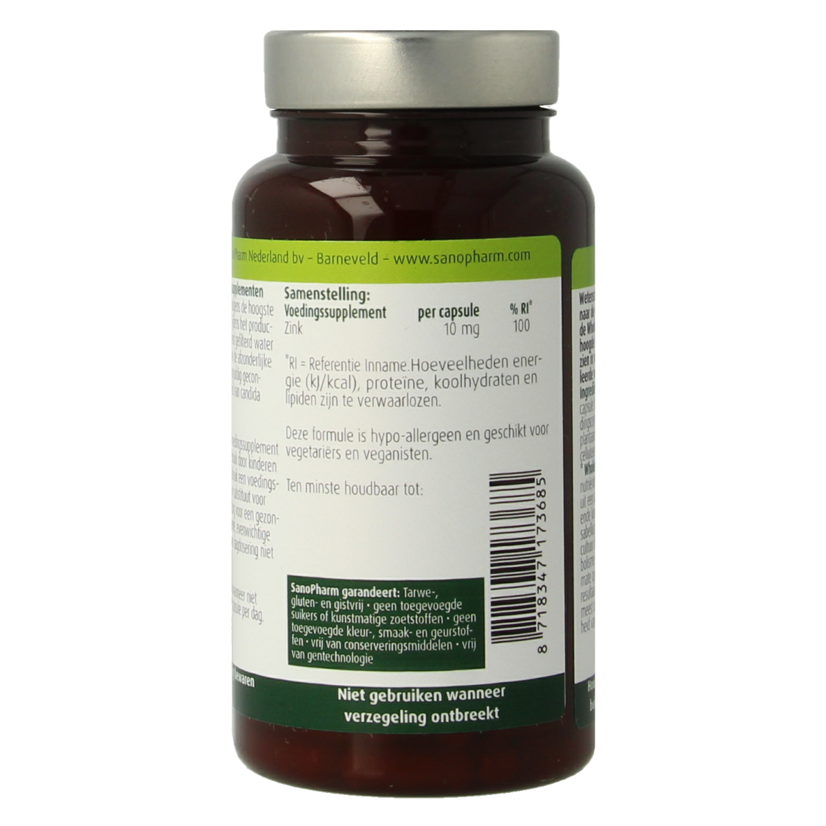 SanoPharm Zink wholefood mineral capsules in a bottle, dietary supplement for immune support, 30 capsules.
