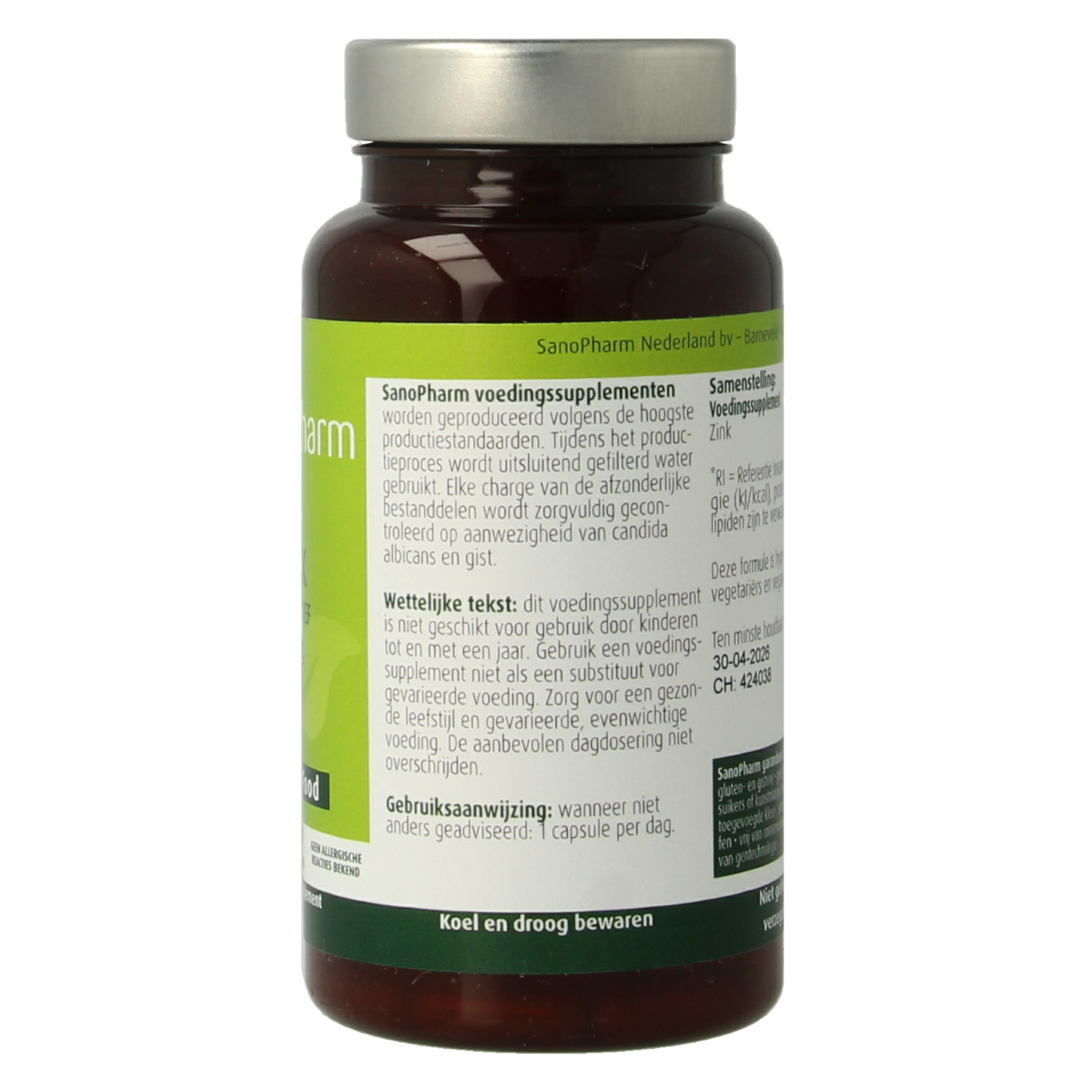 SanoPharm Zink wholefood capsules in a bottle, dietary supplement for mineral health, premium quality zinc supplement.