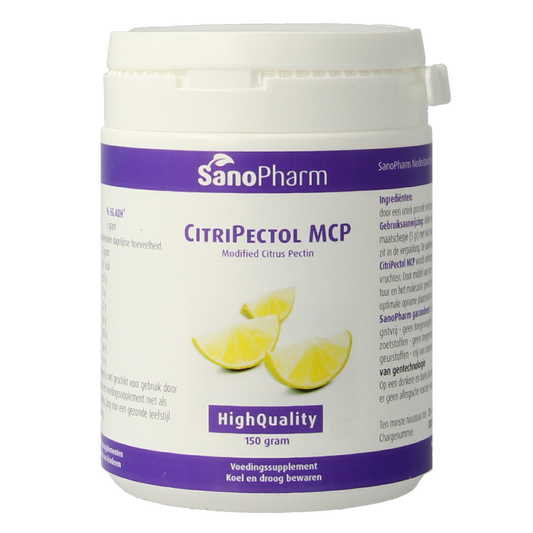 SanoPharm Citripectol MCP herbal supplement container, 150g, showing the label and product packaging.