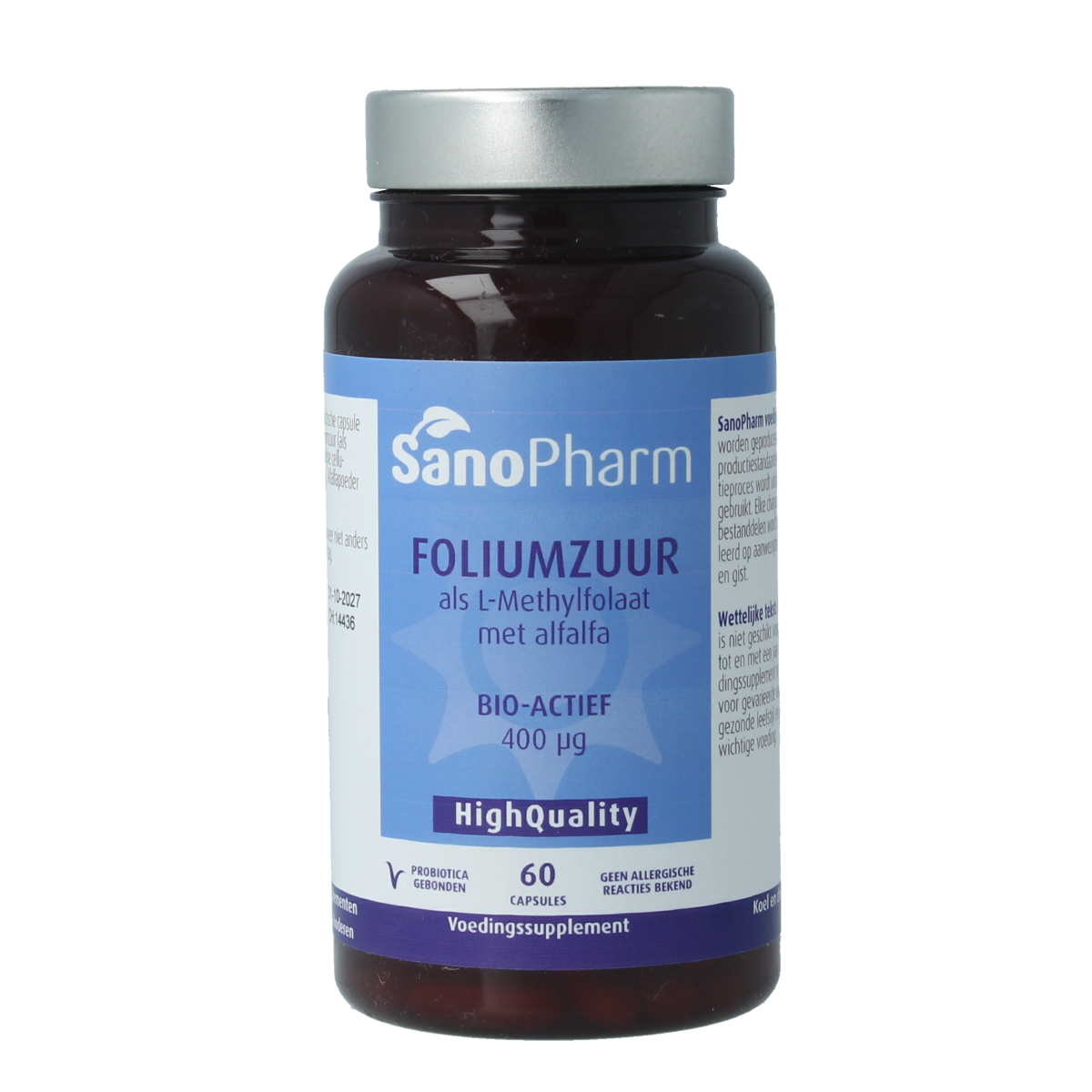 SanoPharm Foliumzuur with alfalfa vitamin capsules, 60-count, showing the bottle and capsules on a white background.