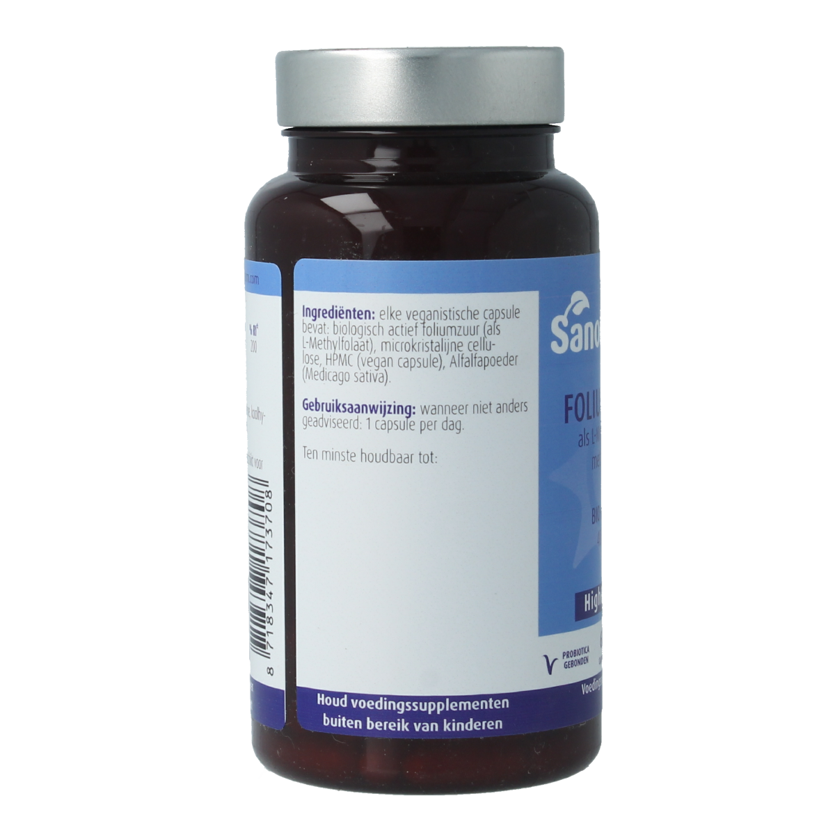 SanoPharm Foliumzuur capsules with alfalfa, high quality vitamin supplement, 60 capsules in a white bottle.